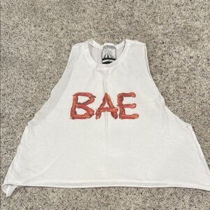 White Sleeveless Top with Red 'BAE' Print in bacon lettering